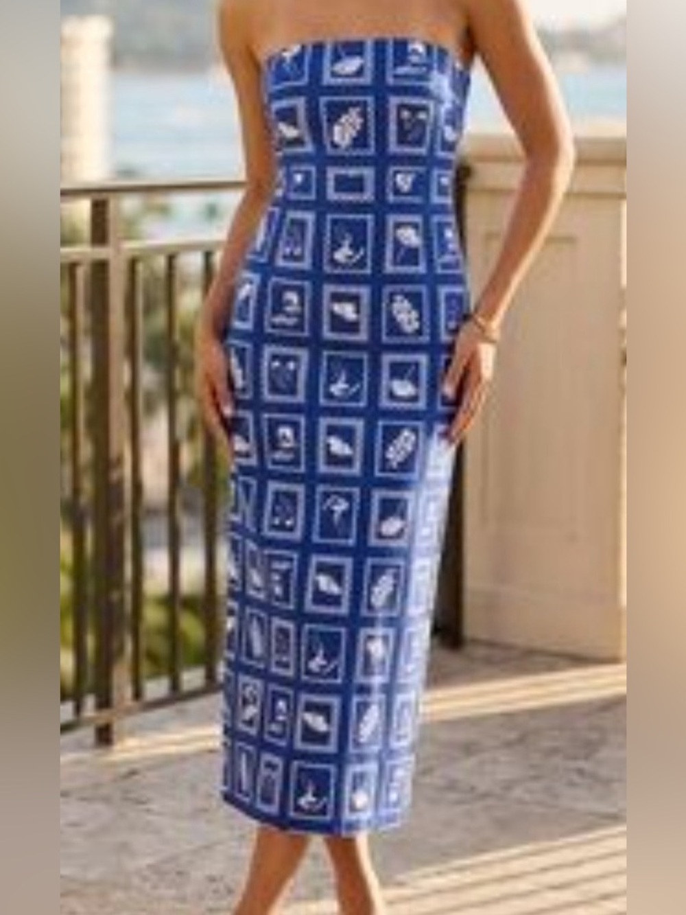 NWT Paper Heart Blue Postal Stamp Print Strapless Maxi Dress XS